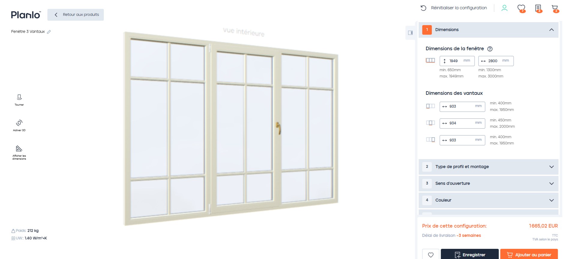 Configurateur 3D affichant une fenêtre à trois vantaux avec ses dimensions, son poids et son prix