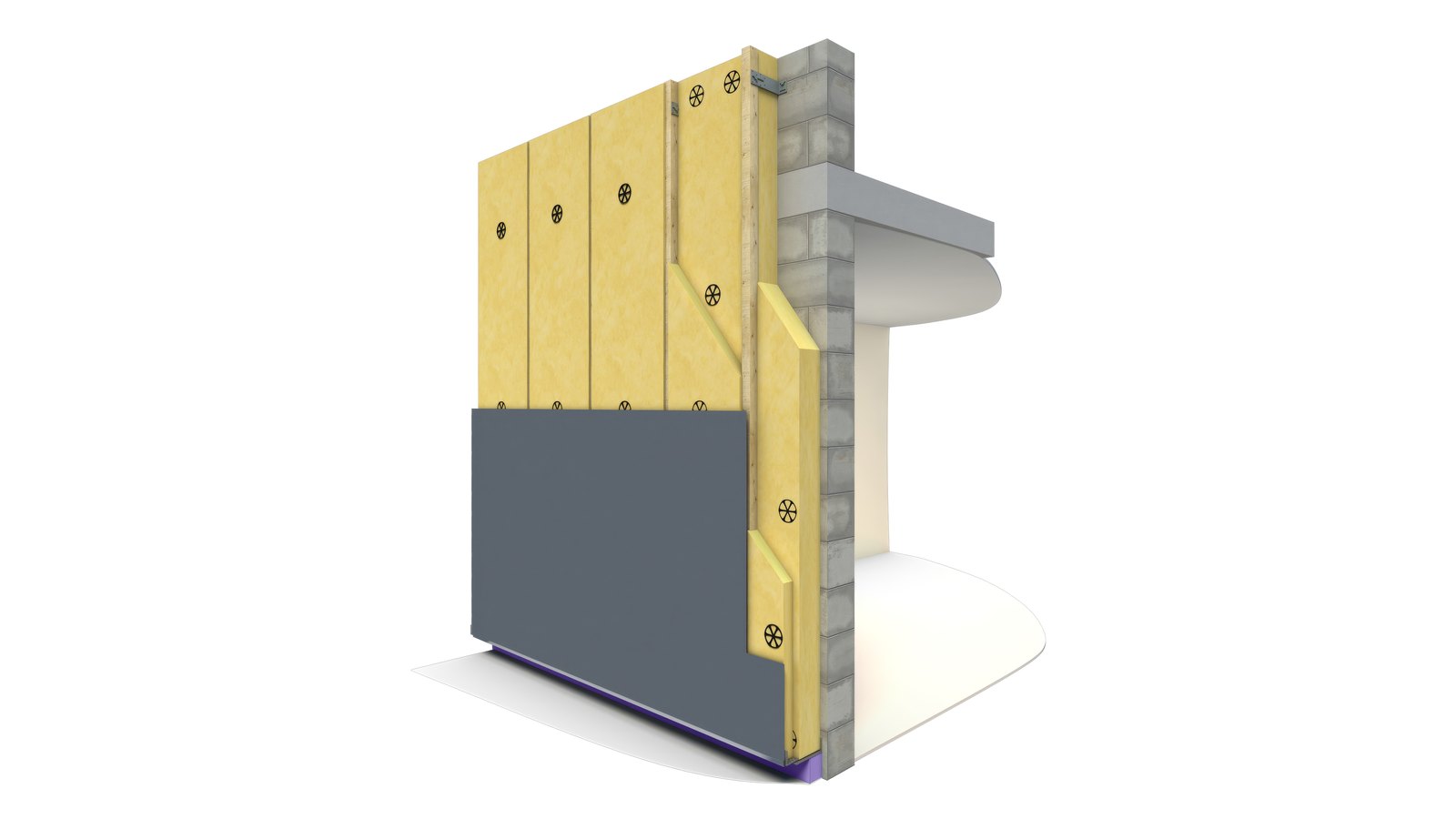 Écorché d'une façade ventilée : isolant chevillé, ossature bois, lame d'air et bardage gris