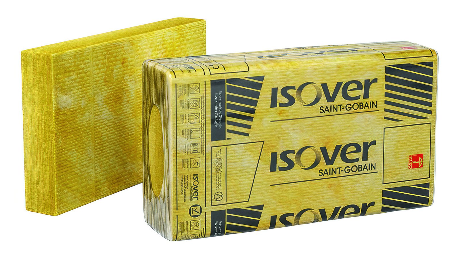 Panneau de laine de verre jaune Isocompact présenté à côté de son emballage, sur fond blanc