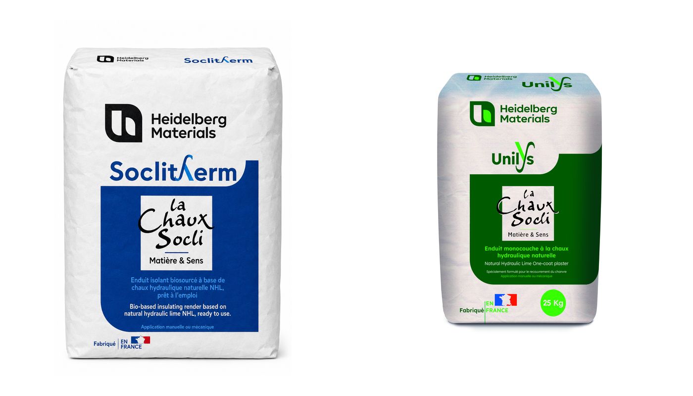 Sacs du sous-enduit isolant Soclitherm et de l’enduit de finition Unilys de Socli