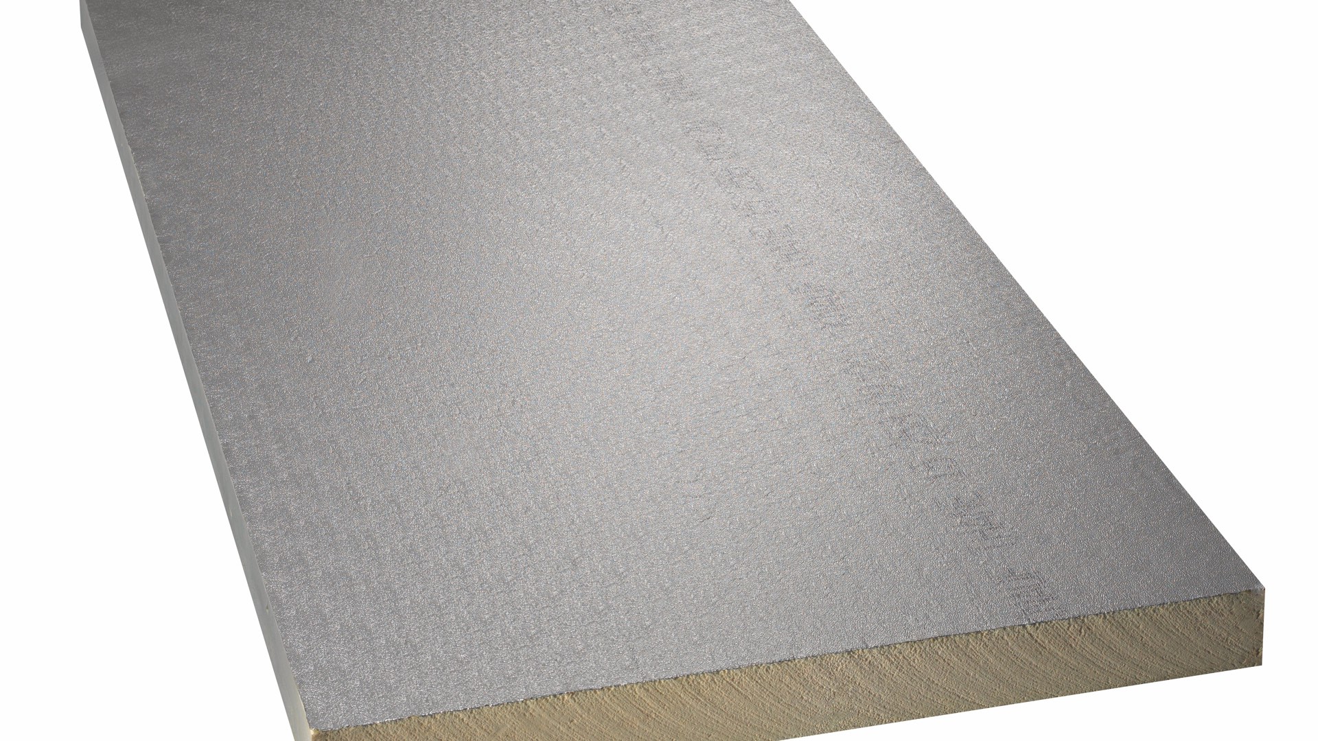 Panneau isolant Knauf SteelThane, âme polyuréthane et parement aluminium gaufré, vu en perspective