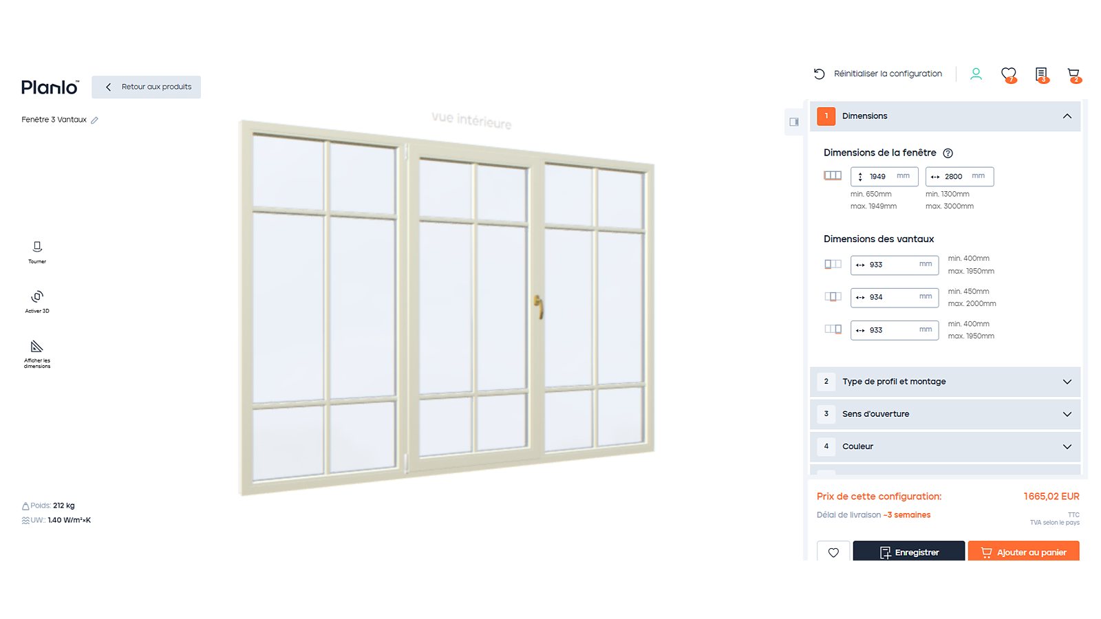 Configurateur 3D affichant une fenêtre à trois vantaux avec ses dimensions, son poids et son prix