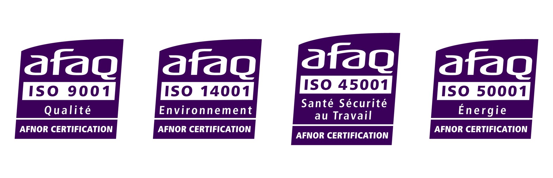 Les quatre logos Afaq des certifications ISO 9001, 14001, 45001 et 50001 de Profils Systèmes
