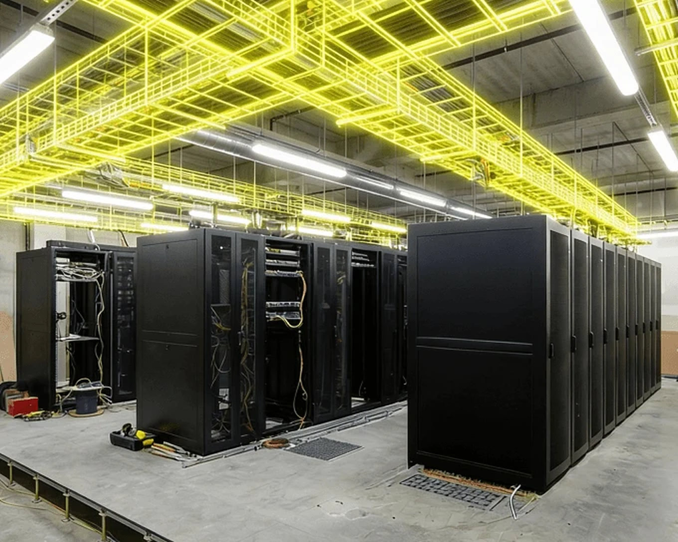 Baies de serveurs alignées dans un data center en cours de chantier, sous des chemins de câbles jaunes.