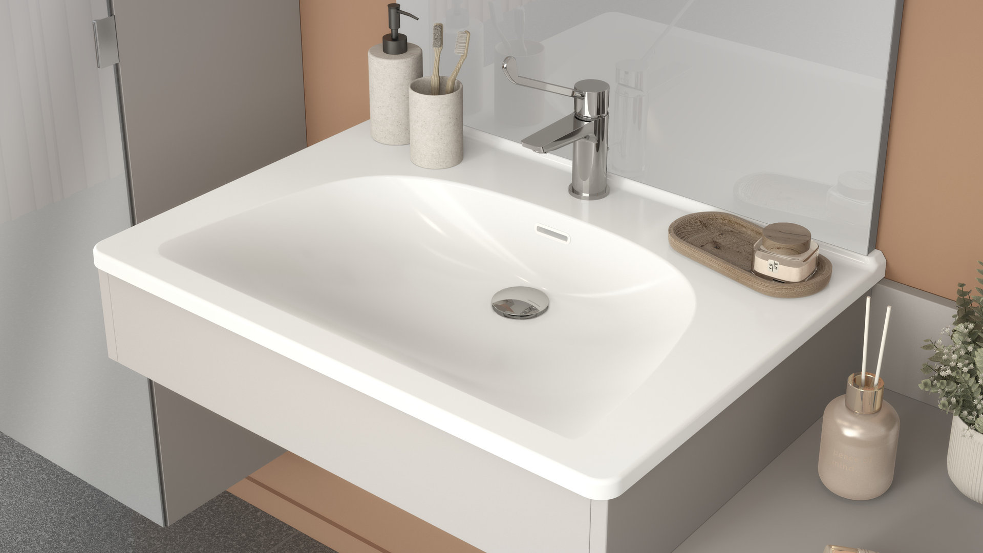 Plan vasque Access suspendu en céramique blanche avec mitigeur à manette longue et sol dégagé en dessous
