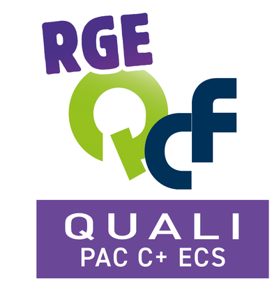 Logo RGE QCF de la qualification QUALI PAC C+ECS, pompes à chaleur, délivrée par QUALICLIMAFROID