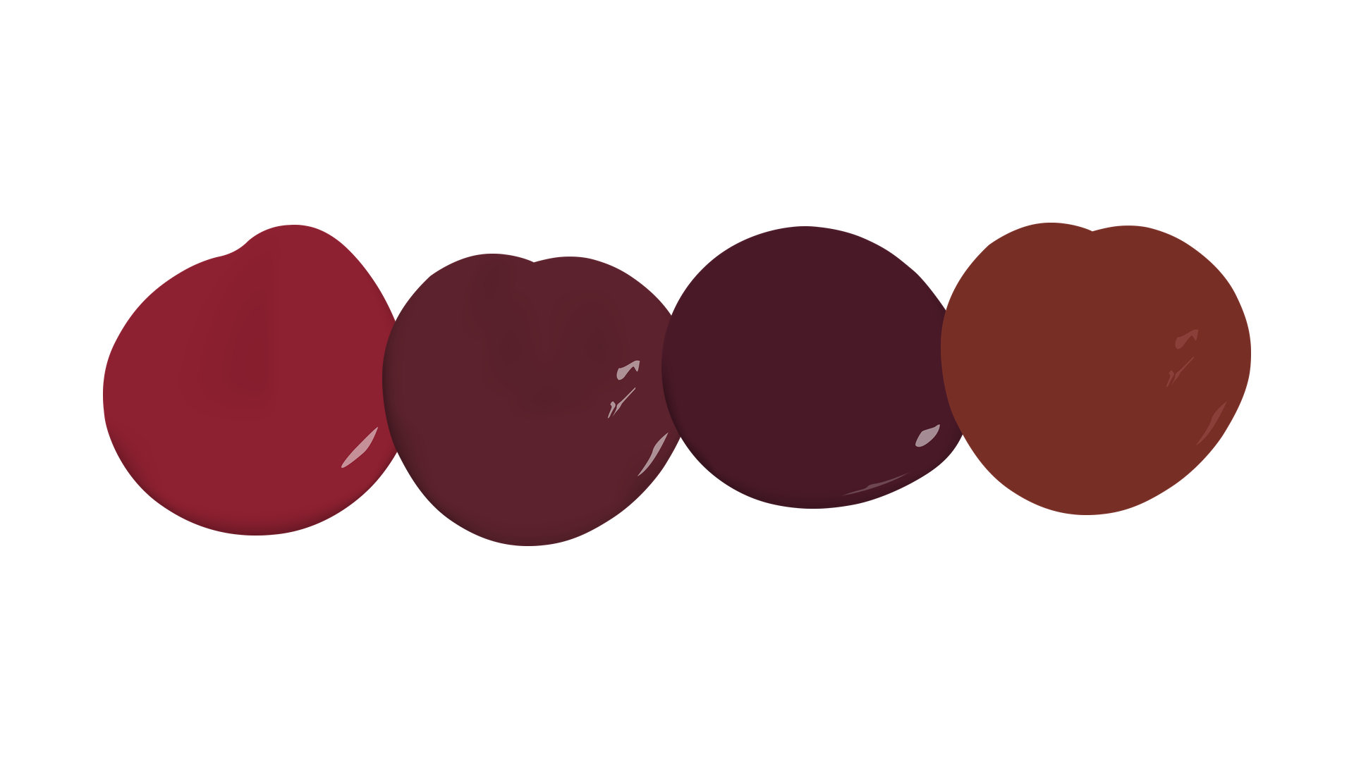 Quatre pastilles de peinture dans les nuances bordeaux, du rouge framboise au prune très sombre