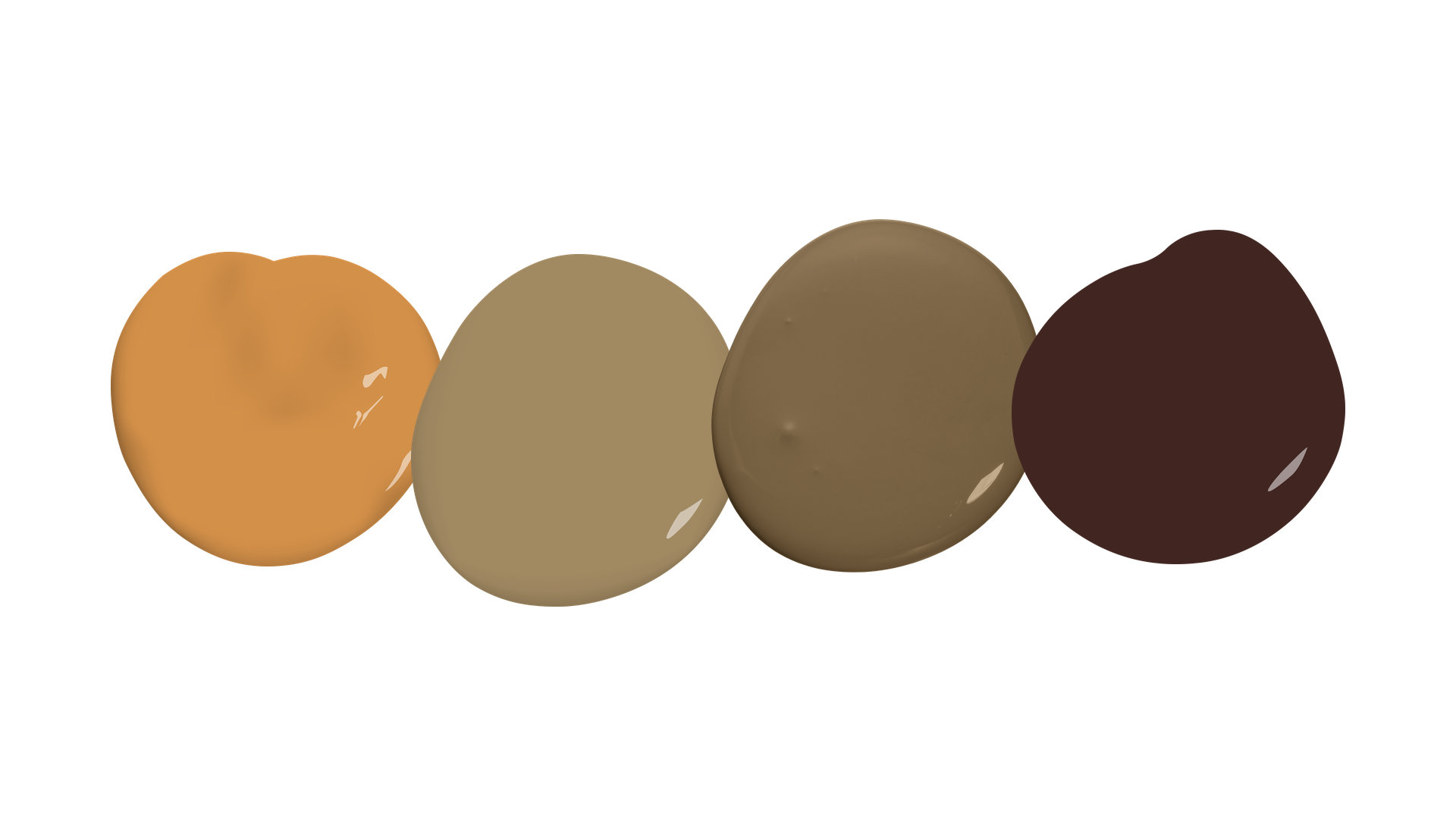 Quatre pastilles de peinture dans les tons café, du caramel doré au cacao brut très foncé