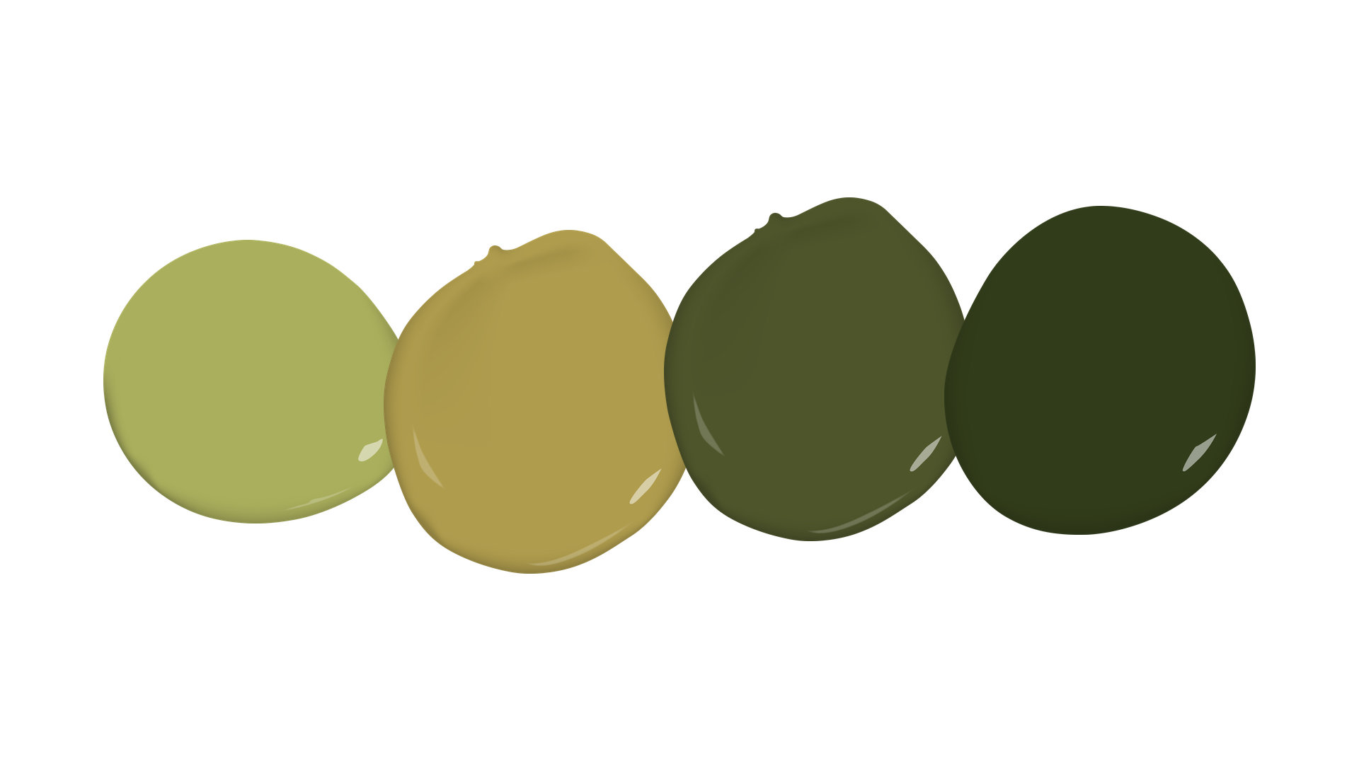 Quatre pastilles de peinture vertes, du chartreuse lumineux au vert olive presque noir
