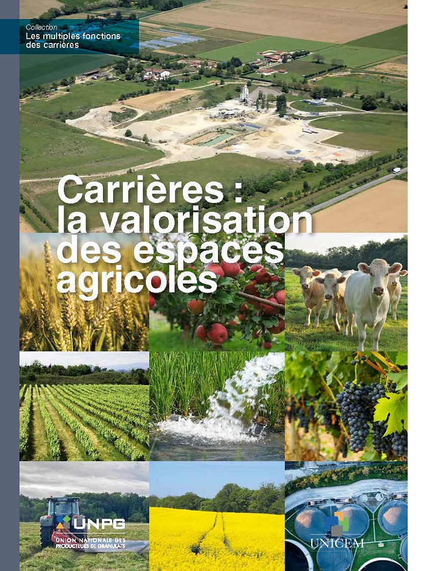 Couverture du recueil UNPG&nbsp;: vue aérienne d’une carrière en plaine agricole et neuf vignettes de cultures