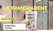 Annonce presse weberflex crystal, cartouche de mastic transparent devant une salle de bains carrelée en marbre clair