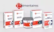 Cinq produits pour plâtrerie Les Élémentaires, enduits et mortier, sacs et bidon bleu.