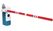 Barrière levante automatique LBAi, caisson blanc et bleu et lisse rouge et blanche sur fond neutre