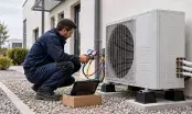 Technicien contrôlant un groupe extérieur de climatisation au manifold, devant un bâtiment tertiaire