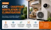 Couverture du dossier CVC, baie vitrée ouverte sur un salon avec climatiseur mural, thermostat et unité extérieure