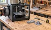 Imprimante 3D de bureau sur un établi d'atelier, avec une pièce imprimée, un gabarit et un pied à coulisse