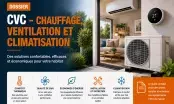 Couverture du dossier CVC, baie vitrée ouverte sur un salon avec climatiseur mural, thermostat et unité extérieure