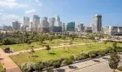 Vue d'un quartier neuf associant immeubles de bureaux, logements et un parc paysager traversé d'allées plantées.