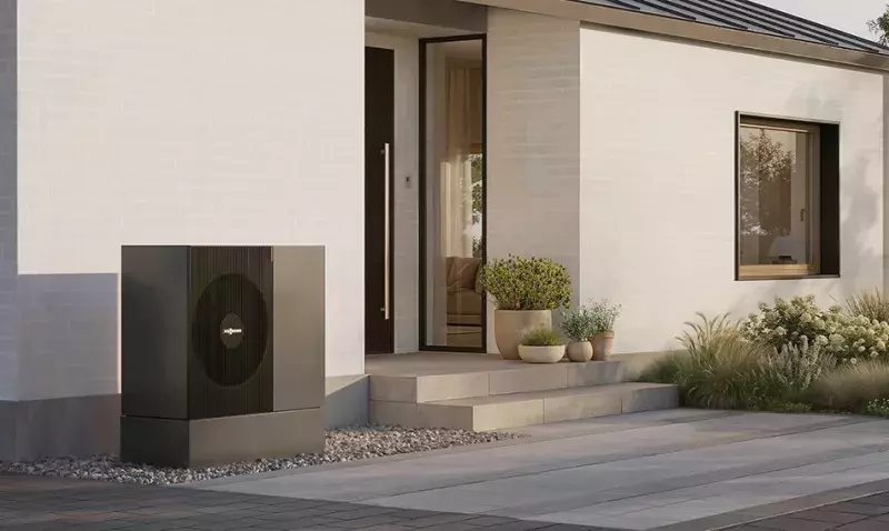 Pompe à chaleur Vitocal 200-A installée à l’extérieur d’une maison moderne, design épuré.