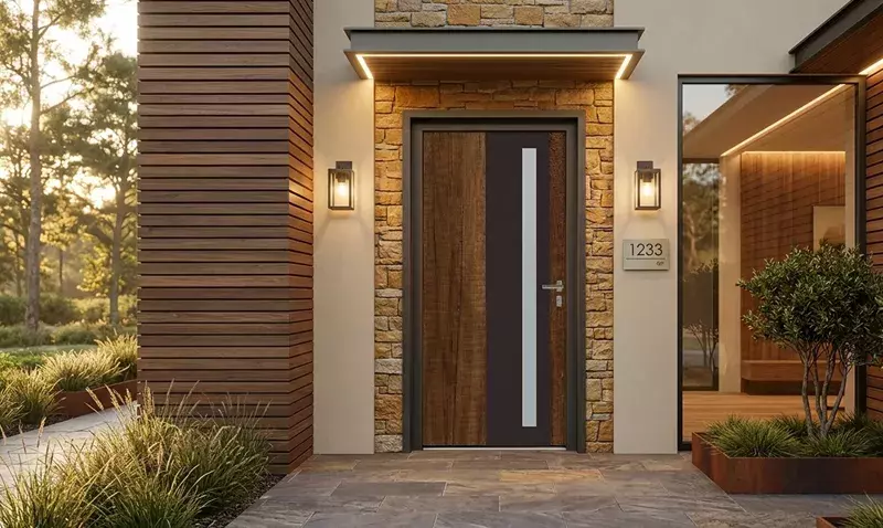 Porte d'entrée monobloc à parement bois sur une façade contemporaine en pierre et bardage bois, éclairée au crépuscule.