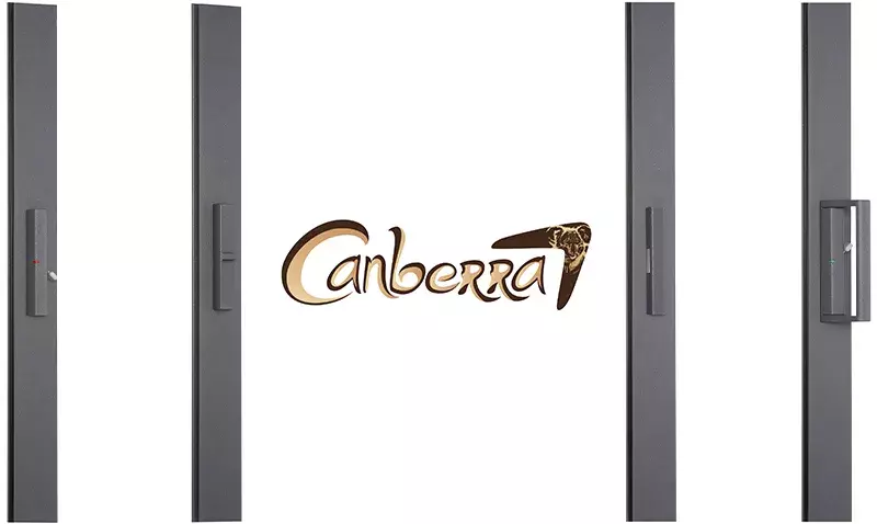 Poignées Canberra pour menuiseries coulissantes, design sobre, finitions blanc ou gris.