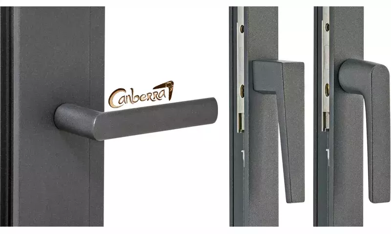 Quatre poignées Canberra pour menuiserie coulissante aluminium, finitions sobres et modernes