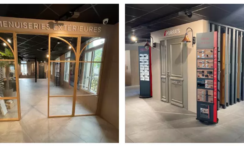 Showroom Gedimat Concept Store avec espaces menuiserie, sols et bains, en situation réelle