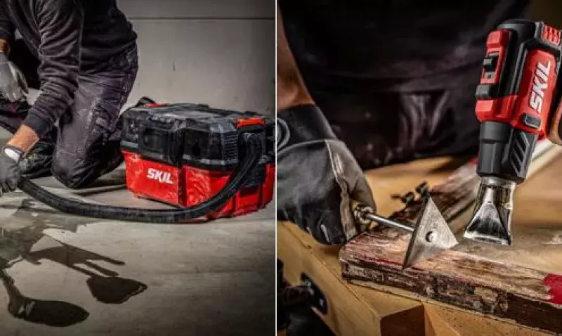 Aspirateur sans fil SKIL compact avec accessoires, conçu pour eau et poussières sur chantier