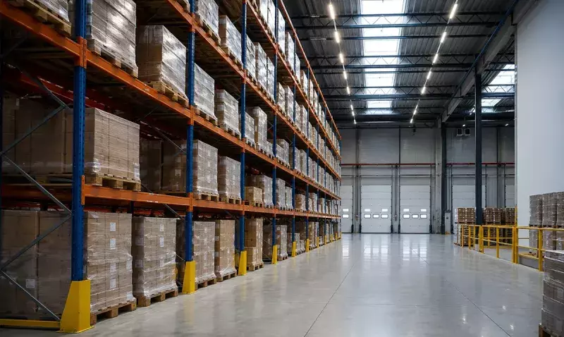 Vue intérieure d'un entrepôt logistique, racks de grande hauteur et allée de préparation de commandes.