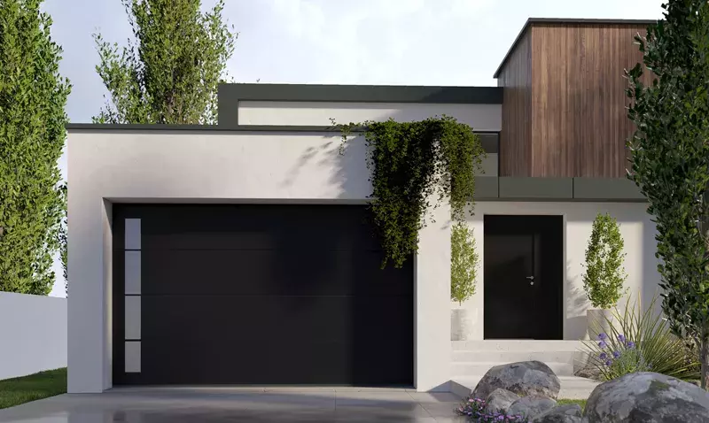 Grande porte de garage sectionnelle EXPRESS + installée sur un garage moderne, finition personnalisée.