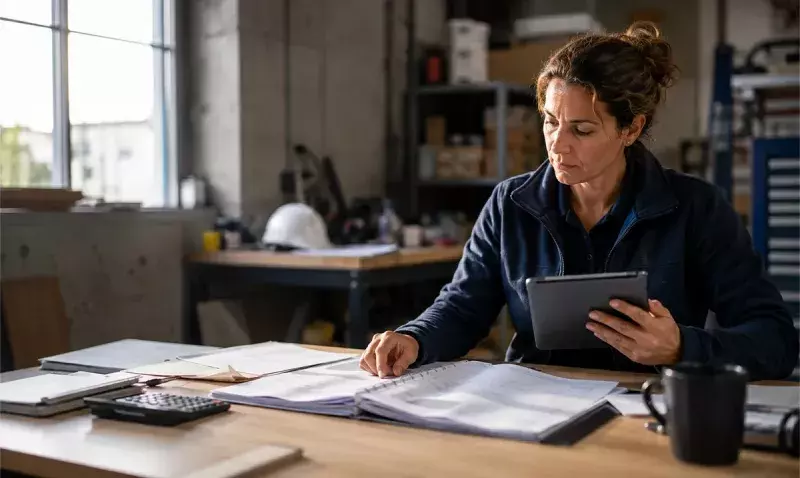 Cheffe d'une entreprise du bâtiment comparant ses documents de facturation sur tablette et sur papier