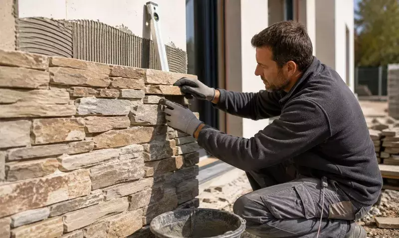 Poseur appliquant une plaquette de pierre naturelle sur un mur encollé au peigne, niveau à bulle en appui