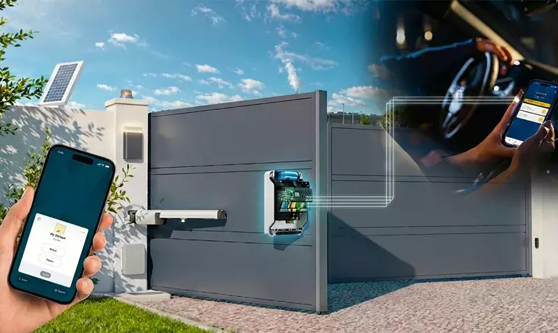 Armoire de commande moderne pilotant une porte de garage motorisée avec fonctions connectées