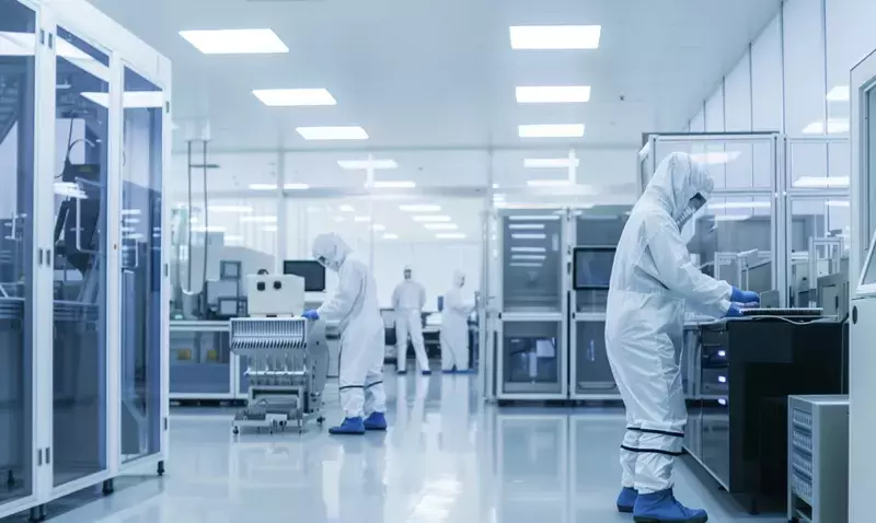 Luminaire Panel IP66 de Sylvania installé en plafond, conçu pour salles blanches exigeant une haute protection.