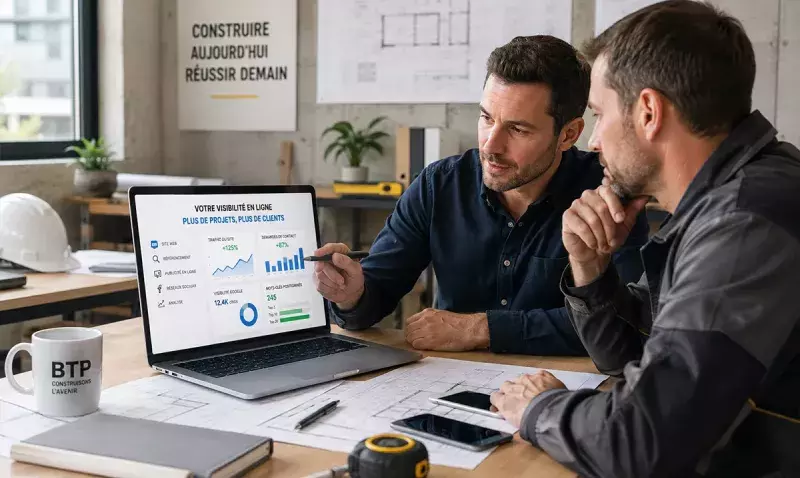 Artisan du bâtiment consultant les statistiques du site internet de son entreprise sur un écran