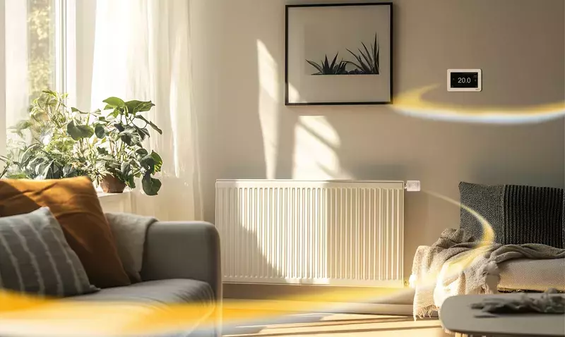 Radiateur à eau chaude dans un salon lumineux, tête thermostatique blanche et thermostat mural affichant 20 degrés