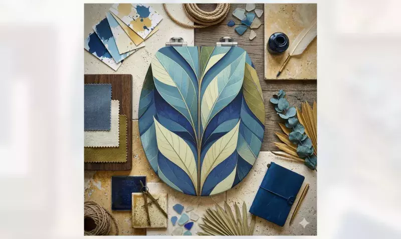 Abattant de WC à décor végétal bleu et vert entouré d'échantillons de matières et de couleurs
