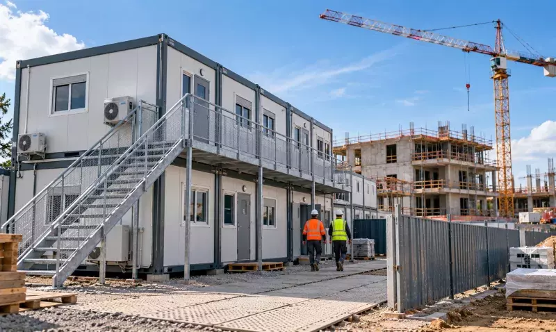 Base vie de chantier sur deux niveaux avec escalier et coursive, grue et bâtiment en construction en fond