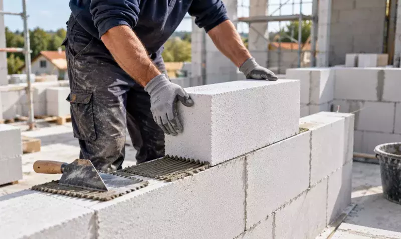 Maçon posant un bloc de béton cellulaire blanc sur un lit de mortier-colle appliqué en joint mince