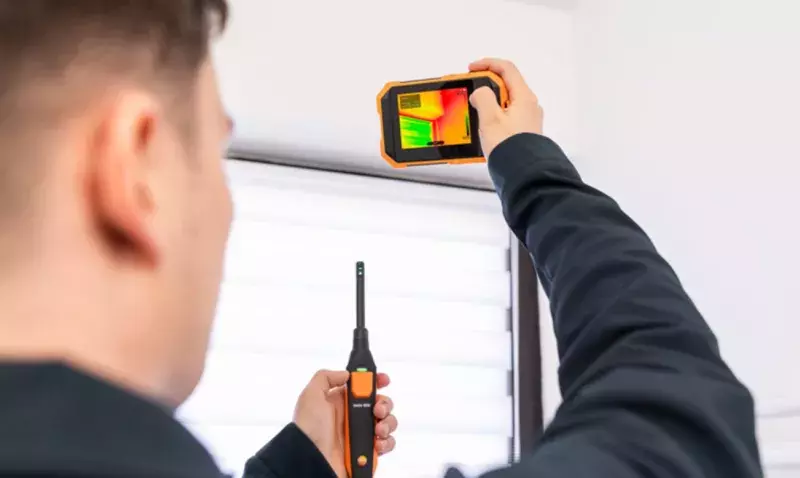 Technicien de dos filmant un coffre de volet roulant avec une caméra thermique compacte, sonde en main
