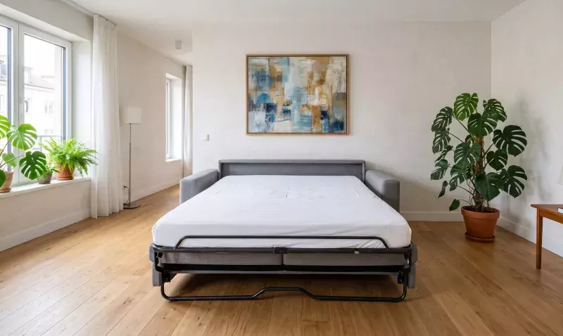 Canapé convertible déplié en couchage deux places dans un séjour clair, circulation dégagée sur trois côtés