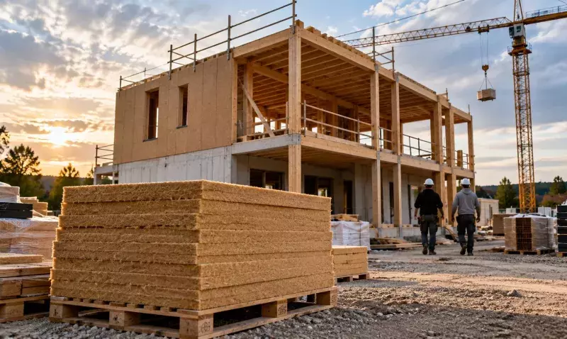 Chantier d'ossature bois en fin de gros œuvre, panneaux d'isolant biosourcé empilés sur palette au premier plan