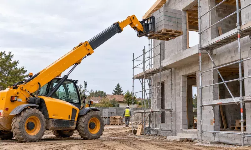 Chariot télescopique jaune déposant une palette de parpaings au plancher d'étage d'une maison en blocs béton