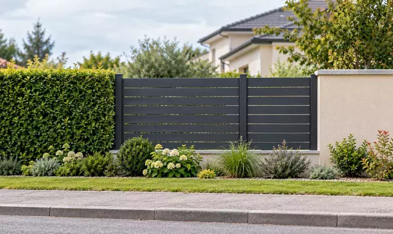 Clôture à lames horizontales en aluminium gris installée en limite d'un jardin pavillonnaire