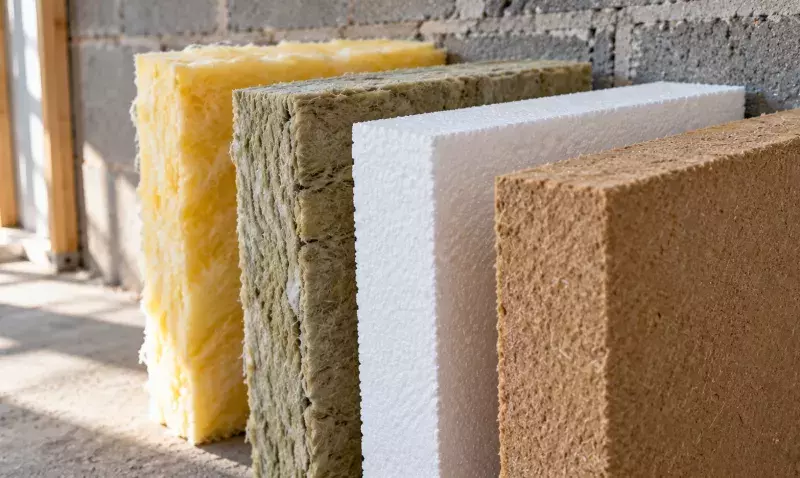 Quatre panneaux isolants dressés sur un chantier : laine de verre, laine de roche, polystyrène expansé, fibre de bois