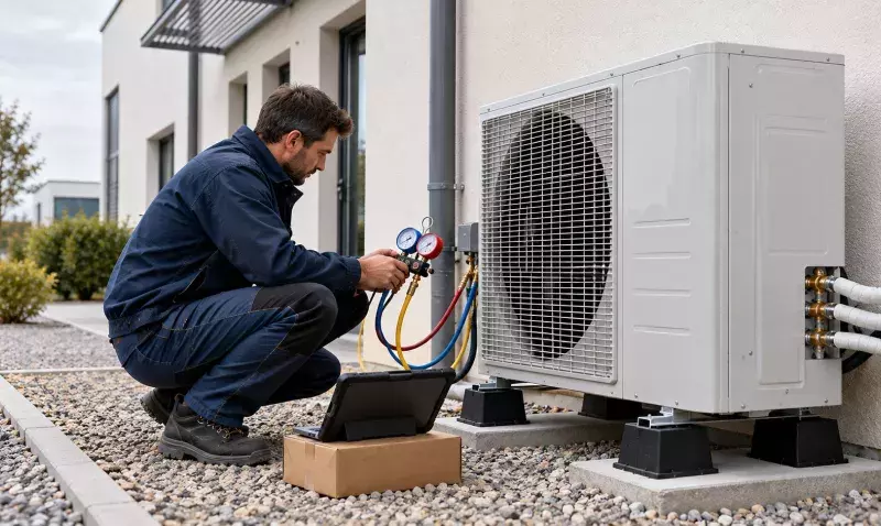 Technicien contrôlant un groupe extérieur de climatisation au manifold, devant un bâtiment tertiaire