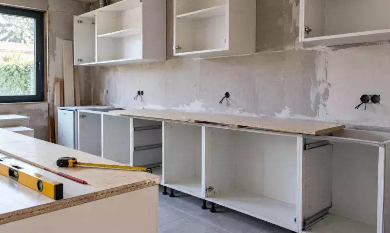 Cuisine en cours de montage, caissons bas sans façades, plan de travail posé en attente et mètre ruban