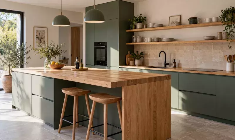Îlot de cuisine à plateau de chêne prolongé en table avec deux tabourets, façades vert sauge sans poignée