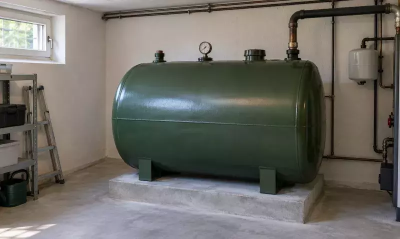 Cuve à fioul domestique verte posée sur un socle béton dans un local technique, avec sa jauge et ses raccords.