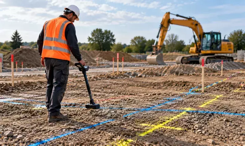 Technicien en gilet orange utilisant un détecteur de réseaux sur un terrain marqué au sol avant terrassement